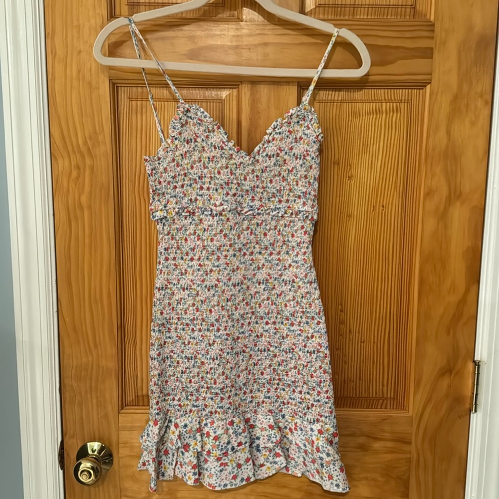 Likely smocked floral mini dress